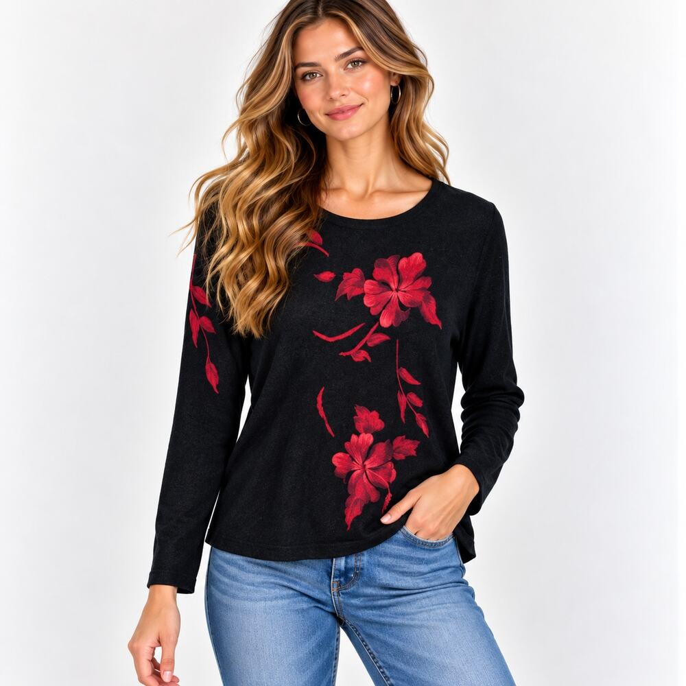 C.D. Sport Sweater Women's Size L Black Red Floral Soft Vintage Casual Cottage